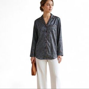 Character Size L Womens Night Shirt Silky Feel Long Sleeve Button Down Vintage